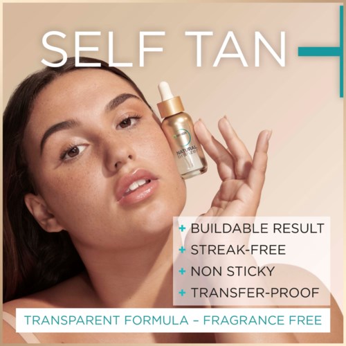 Model holding a bottle of self-tanning serum with text highlighting benefits like buildable, streak-free, non-sticky, transfer-proof, fragrance-free, and transparent formula.