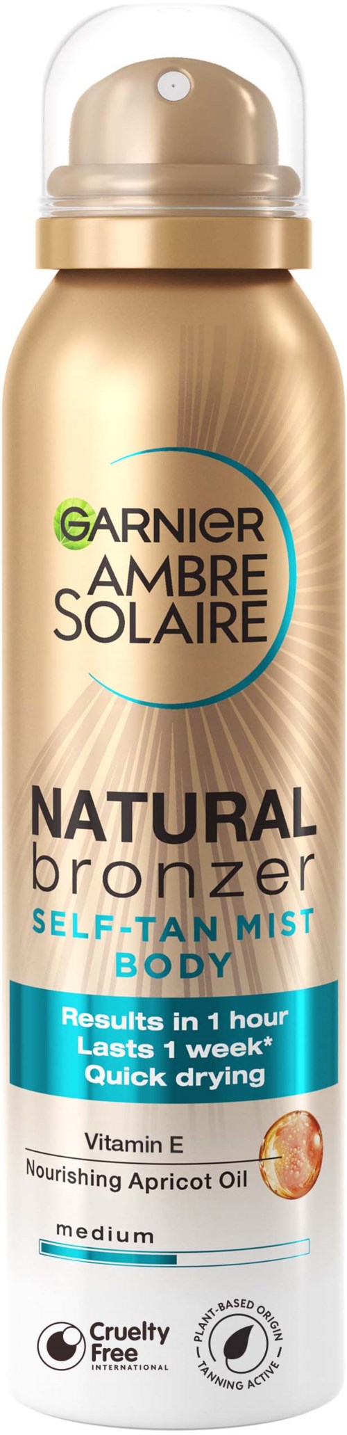 Gold-colored spray bottle of Garnier Ambre Solaire natural bronzer self-tan mist for body with a white label and blue highlights.