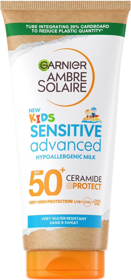 Zonnebrandcrème voor kinderen met SPF 50+ en ceramidebescherming, geschikt voor gevoelige huid en buitenactiviteiten.