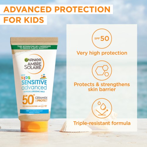 Zonnebrandcrème met hoge bescherming, voordelen voor kinderen en UV SPF50, op een strandachtergrond met tekst.