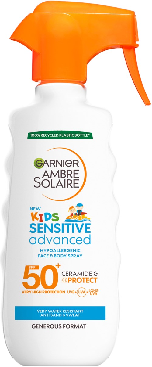 Sprayfles met zonnebrand spray voor kinderen, SPF 50, oranje sproeikop, witte body.