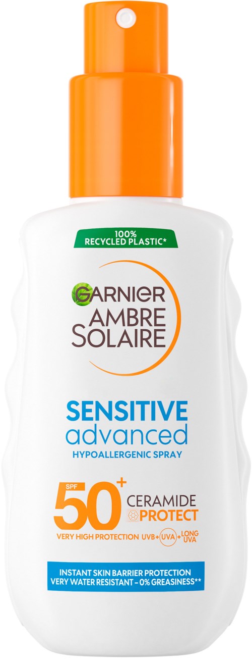 A white bottle with an orange spray top, labeled 'Garnier Ambre Solaire Sensitive Advanced SPF 50+'.