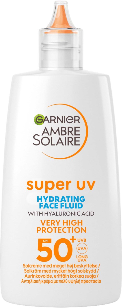 Garnier Ambre Solaire super UV hydrating face fluid bottle with SPF 50, orange cap, white label, and blue and orange text.