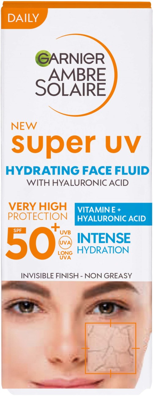 Garnier Ambre Solaire Super UV hydrating face fluid with SPF 50+ and hyaluronic acid, for very high protection and hydration.