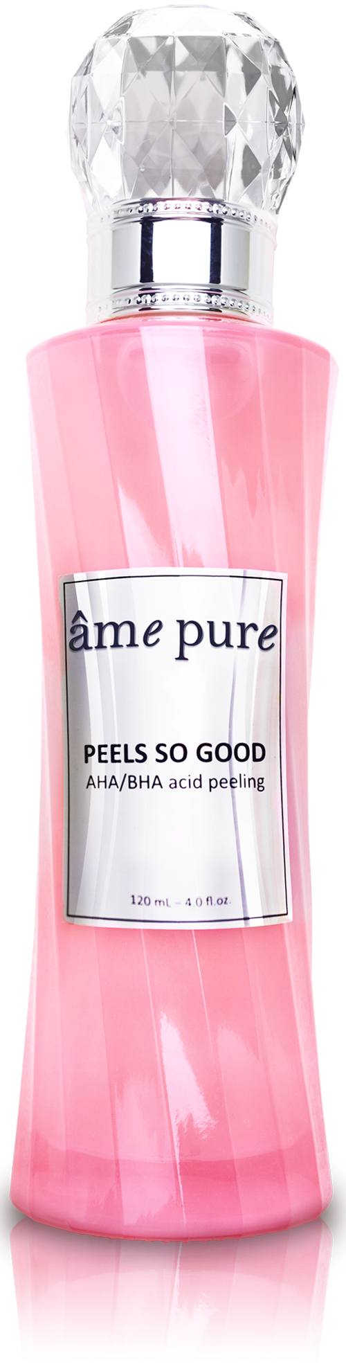 Rote Kosmetikflasche mit großem, klarem, edelsteinkappen und weißem Etikett mit 'âme pure' und 'PEELS SO GOOD.'
