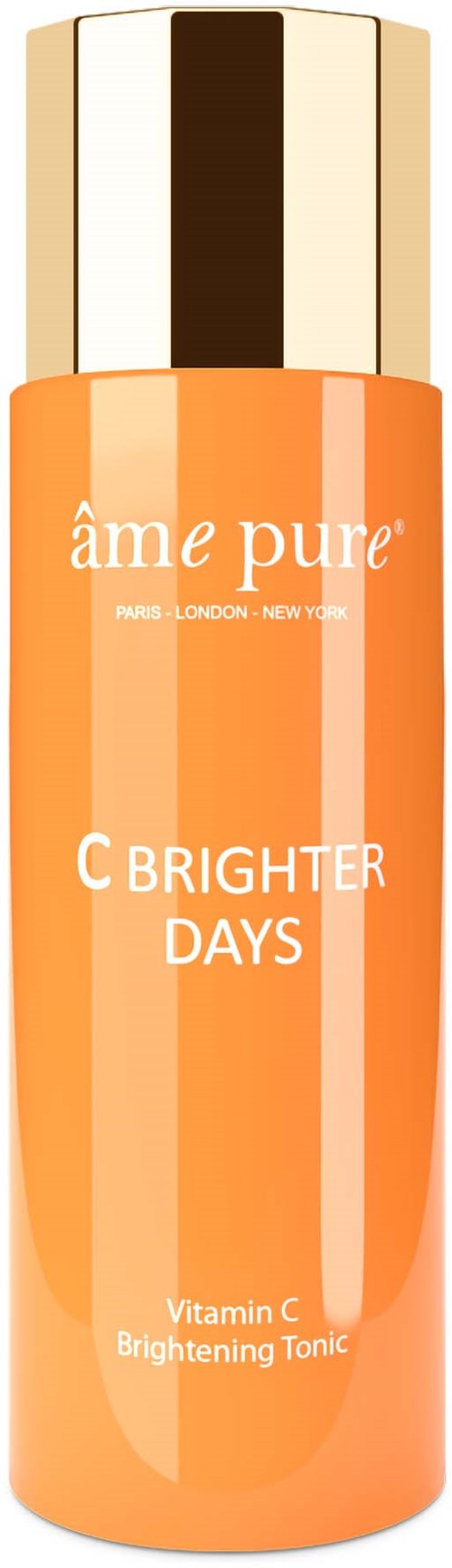 Eine orangefarbene Flasche mit silberner Kappe, gekennzeichnet "ámé pure," zur Aufhellung der Haut mit Vitamin C.