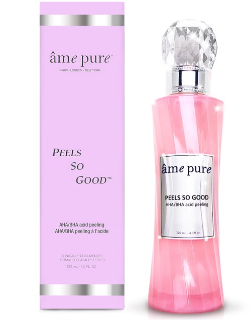 Eine rosa Hautpflegeflasche und passende Schachtel, beide mit âme pure Peels So Good AHA/BHA Säurepeeling.