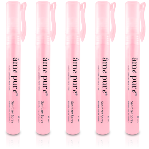 Fünf pinke Flaschen mit 'Anne Pure' Handdesinfektionsspray stehen in einer Reihe.
