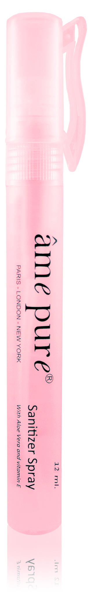 Eine rosa Sprühflasche mit der Aufschrift "a me pur" und Text über Desinfektionsspray.