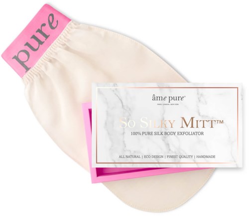 Ein Seidenglätter mit pinker und weißer Verpackung, gekennzeichnet 'Pure' und 'So Silky Mitt.'