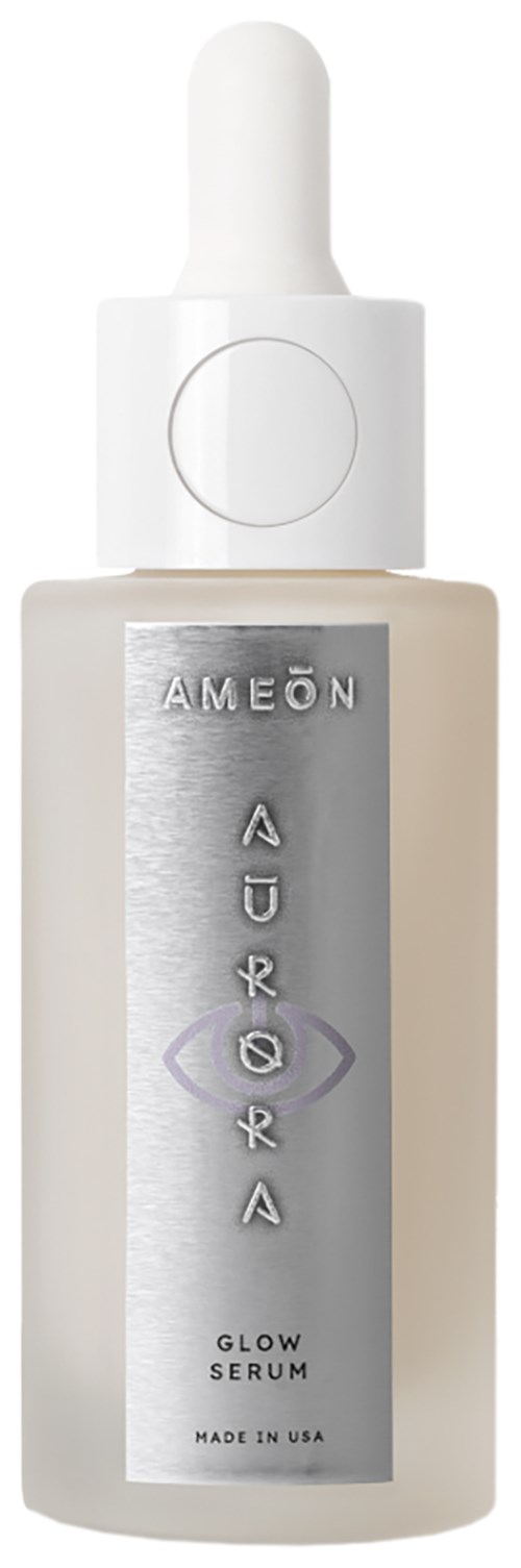 Eine weiße Flasche mit Tropferspitze, beschriftet 'Ameon' und 'Glow Serum', hergestellt in den USA.