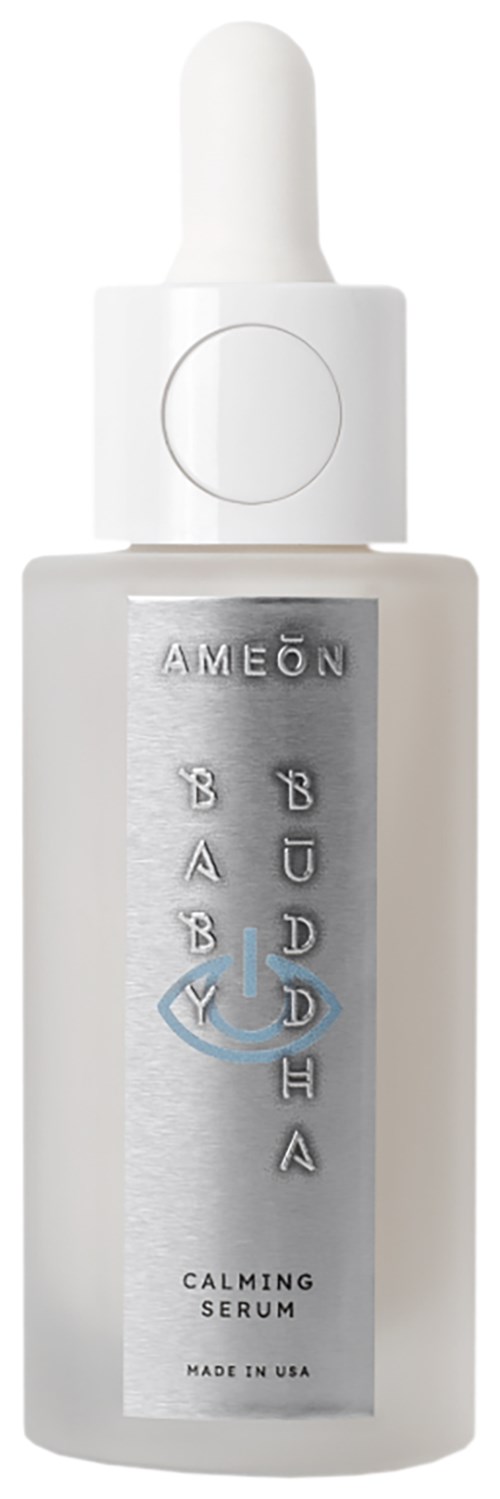 Eine weiße Flasche mit Tropfer, beschriftet 'Calming Serum' von Amon, für Hautpflege. Enthält beruhigende Inhaltsstoffe.