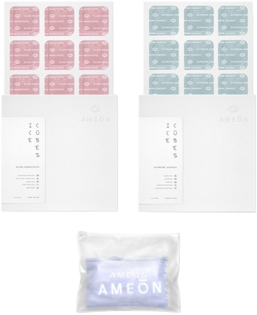 Zwei Boxen enthalten pinke und blaue Gegenstände, mit einem weißen Beutel mit 'AMEON'-Aufdruck darunter.