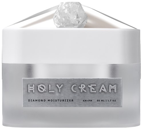 Weiser Behälter mit silbernem Label, Text sagt Holy Cream, Diamant-Feuchtigkeitscreme, 50 ml, mit einem Diamanten oben.
