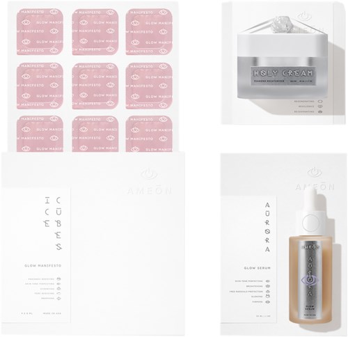 Hautpflege-Set mit pinken Pflastern, einem weißen Glas, einer weißen Tube und einer weißen Flasche, alle zum Thema Glanz und Reinheit.