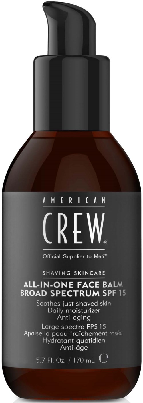 A brown bottle with a black pump contains American Crew face balm, offering moisturizing and sun protection.