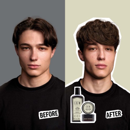 Een jonge man met kort, donker haar voor en na het gebruik van verzorgingsproducten, met duidelijke verandering in haarstijl en huid.