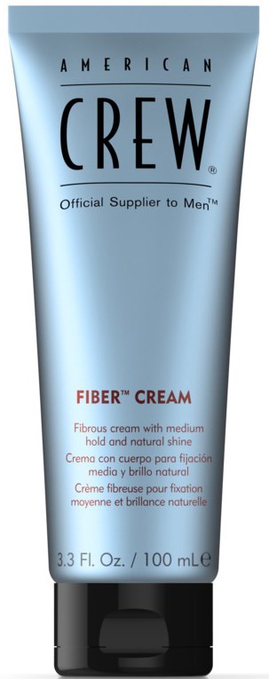 A tube of American Crew Fiber Cream with black cap, blue packaging, and product description on front.