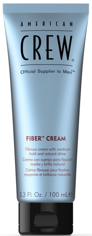 A light blue tube of fiber cream from American Crew, stating it is a men's skin product, 3.3 fluid ounces, 100 milliliters.