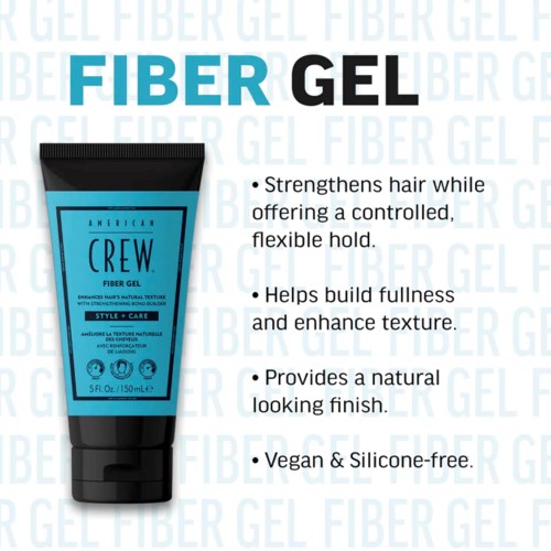 A blue and black tube of American Crew Fiber Gel with benefits listed around it.