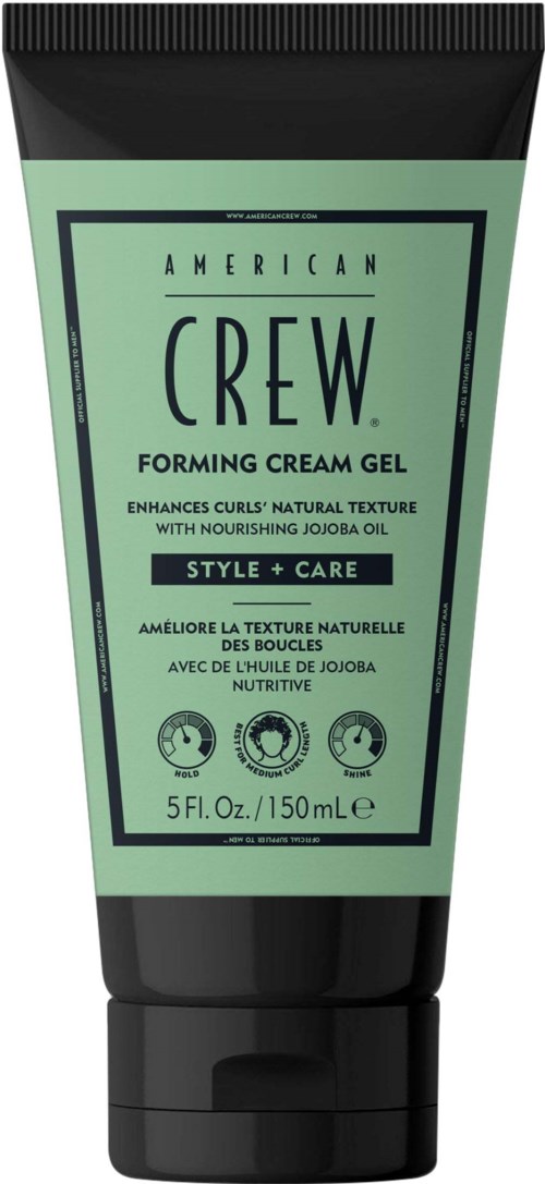 Green tube of American Crew forming cream gel with black cap, label shows text and icons, 150 ml size.