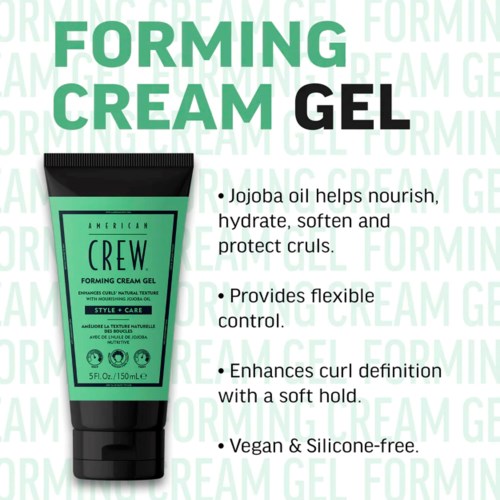A green tube of American Crew forming cream gel with product benefits listed on the background.