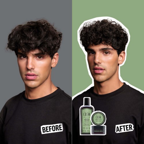 Zij-aan-zij foto's van een jonge man voor en na het gebruik van haarstylingproducten, met verschillende achtergronden en tekstlabels.