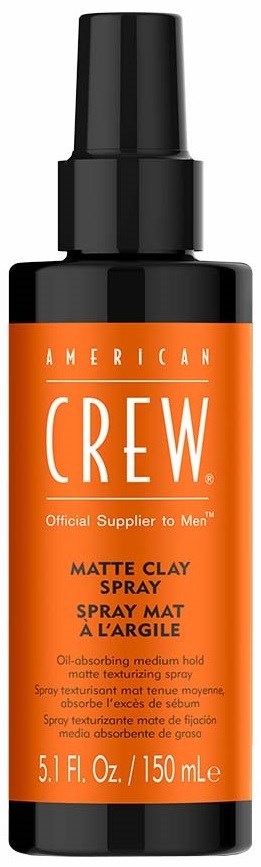 Eine Sprühflasche mit American Crew Matte Clay, 5,1 fl oz, orange und schwarzes Design.