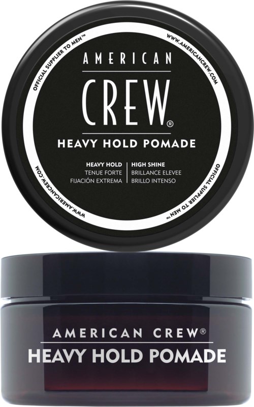 A black and white circular logo at the top with text, and a dark jar below with similar text for hair pomade.
