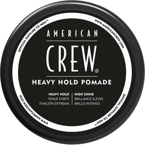 A round black container with white text, showing 'American Crew Heavy Hold Pomade' and its features.