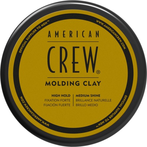 A round container lid with yellow and black colors, labeled as American Crew Molding Clay, for hair styling product.
