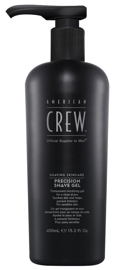 A black bottle with a pump, labeled 'American Crew' and 'shaving skincare.'