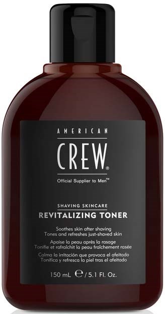 A brown bottle with a black cap, labeled as American Crew revitalizing toner for men, 150 ml.