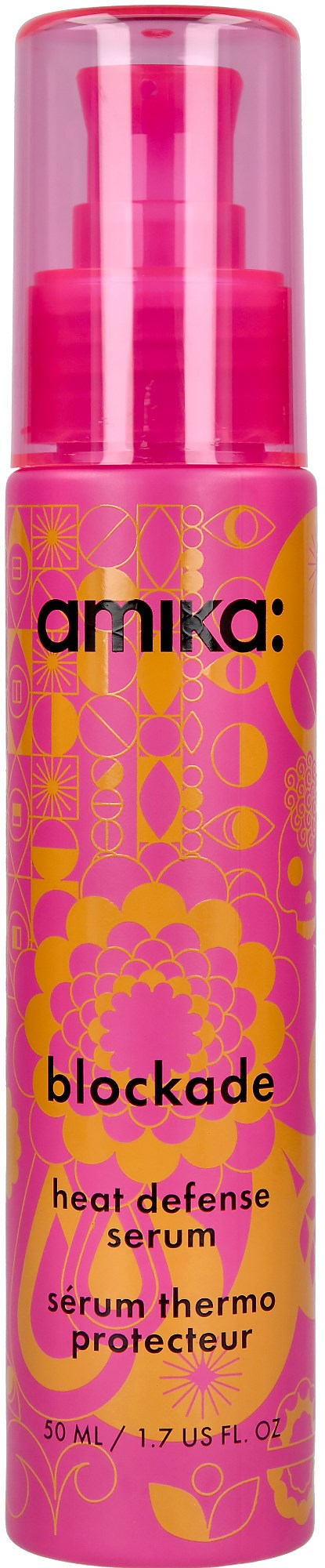 Pink bottle with yellow and pink patterns, labeled as 'amika: blockade heat defense serum,' 30 ml.