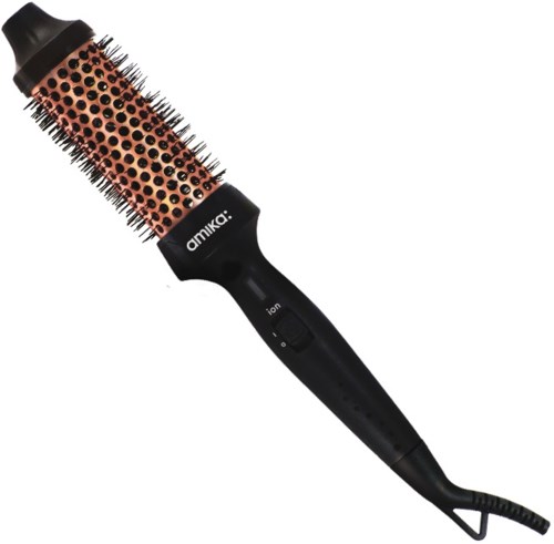 A black and pink round brush with bristles for hair styling, branded 'amika'.