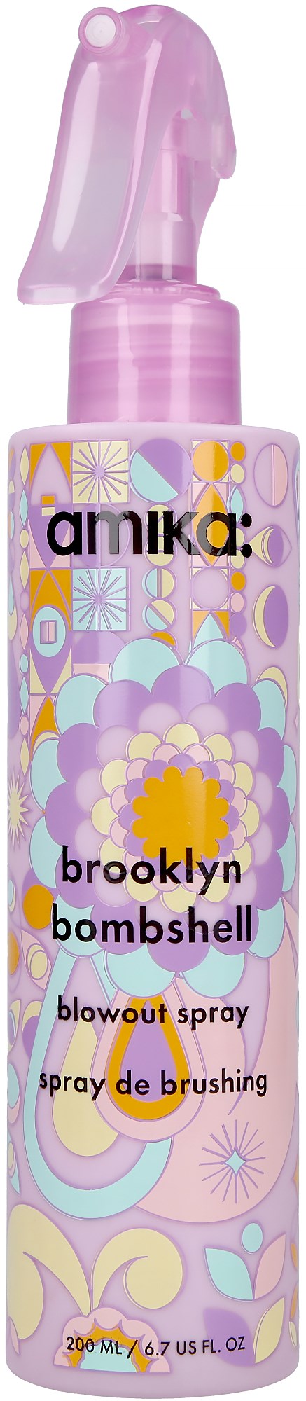 A spray bottle features pastel floral and swirl designs, labeled as Brooklyn Bombshell Blowout Spray for hair styling.