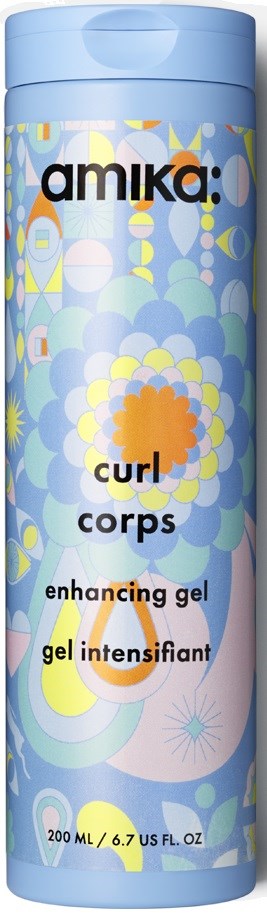 A blue cylindrical bottle with colorful patterns, featuring the brand Amika and text about curl enhancing gel and its volume.