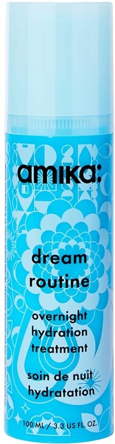 Blue spray bottle labeled 'amika dream routine overnight hydration treatment'.
