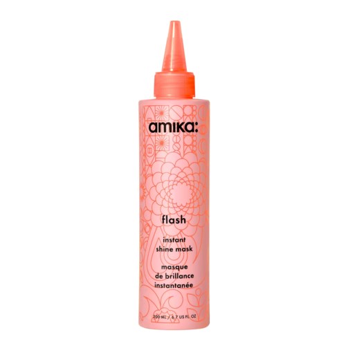 A pink bottle with the brand name "amika" and the product name "flash" for an instant shine mask.