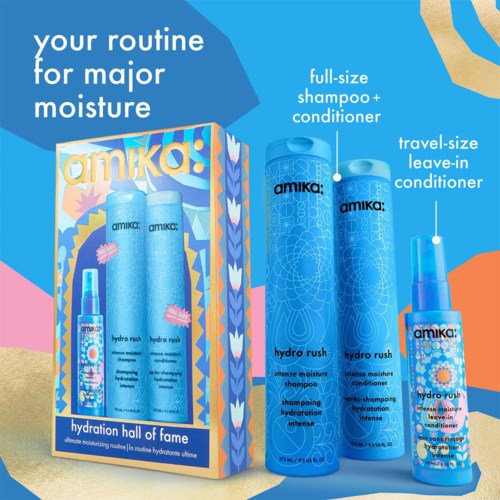 Bilde av Amika Hydration Hall of Fame-settet med store sjampo- og balsamflasker, pluss en reise-størrelse leave-in balsam.