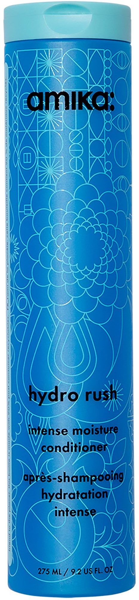 A blue tall bottle with a flip cap, labeled 'amika: hydro rush,' containing intense moisture conditioner for hair.