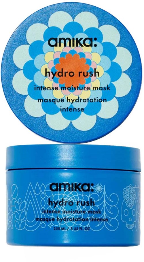 A blue jar and matching lid with patterns and text about a moisture mask called 'hydro rush' from Amika.