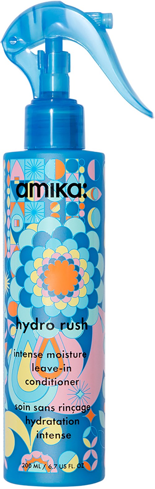 Blue spray bottle with colorful floral design, labeled 'amika hydro rush intensity moisture leave-in conditioner'.