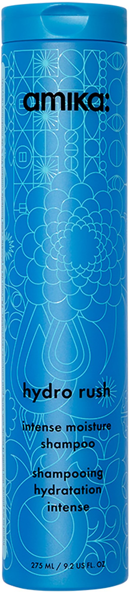 A tall blue shampoo bottle with abstract patterns, labeled 'amika hydro rush' for intense moisture.