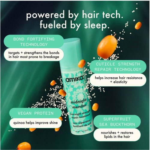 A hair treatment spray bottle with benefits of strengthening, repairing, nourishing, and improving hair health, surrounded by orange capsules.