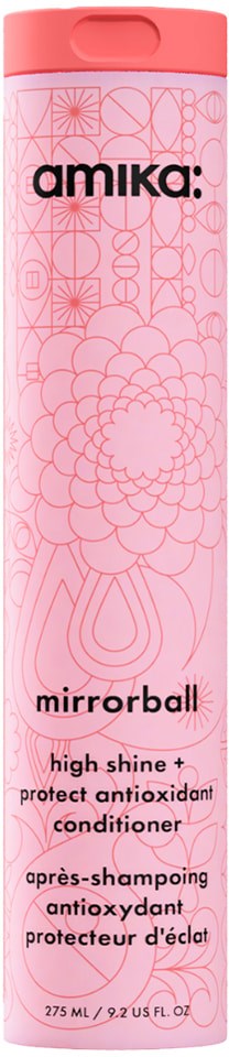 Pikku pinkki pullo mustalla tekstillä, lukee 'amika mirrorball high shine and protect antioxidant conditioner'.