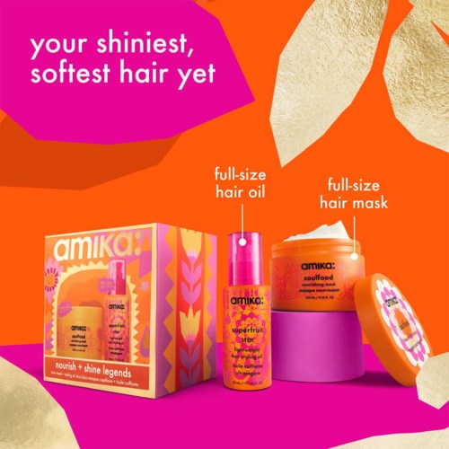 En oransje eske med rosa og gule design, to hårpleieprodukter: olje og maske, med beskrivende merker og emballasje.