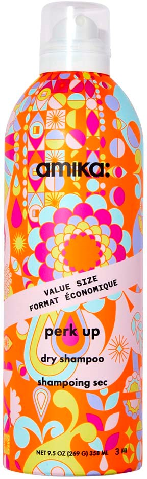 Colorful bottle with abstract floral and geometric patterns, labeled as dry shampoo with size and brand names.