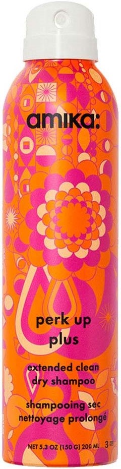 Bright pink and orange bottle with floral and geometric patterns, labeled as perk up plus dry shampoo.