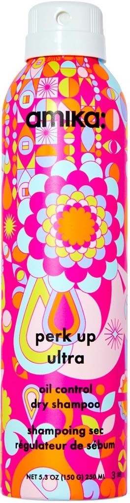 Colorful bottle with floral and geometric patterns, labeled as dry shampoo with oil control. Brand name is Amika.